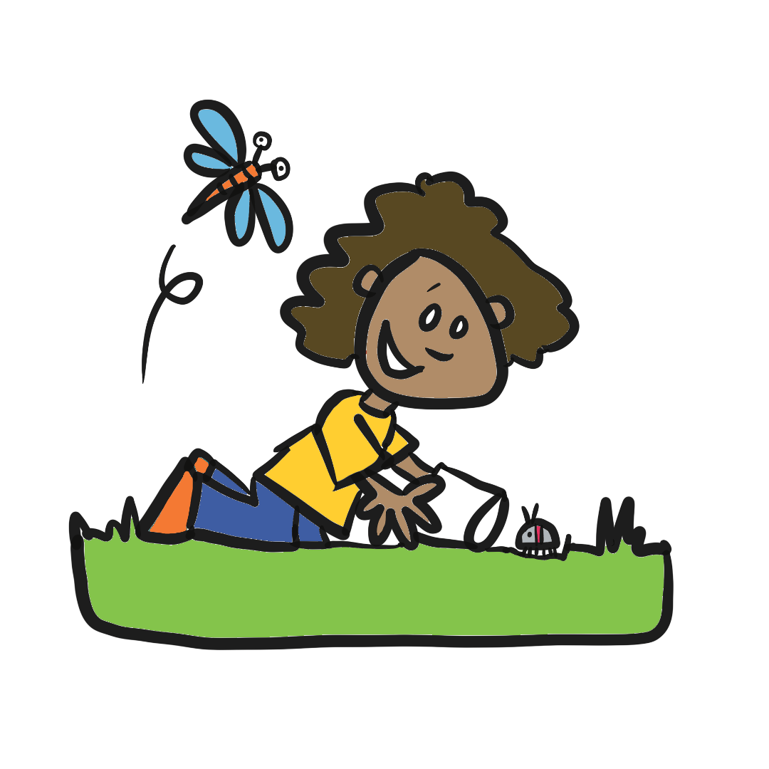 Cartoon drawing of a kid looking for bugs