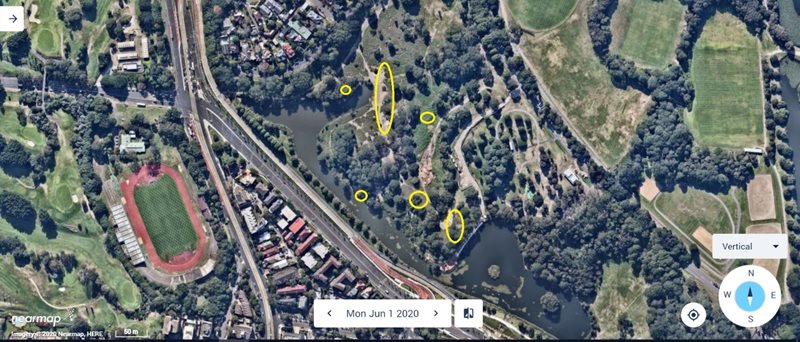 Map of natural area restoration works in Centennial Park's South West Corner