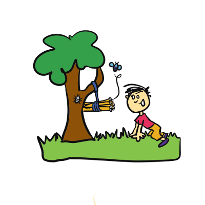 Illustration of boy looking at a bee hotel in a tree