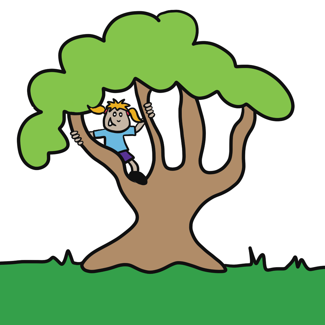 Cartoon drawing of a kid in a tree